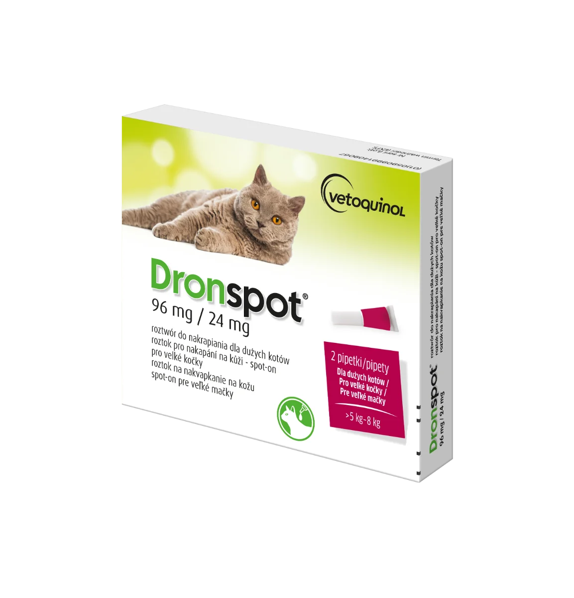 Dronspot 96 mg/24 mg spot-on (2 pipety) 2×1,12 ml, očervenie pre veľké mačky