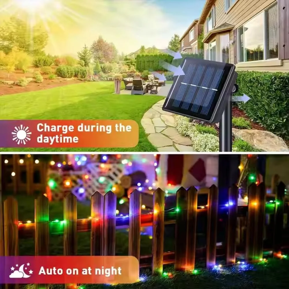 LED svetlá so solárnym panielom-20m (200 LED žiaroviek)-Biela solárny panel, 20 m