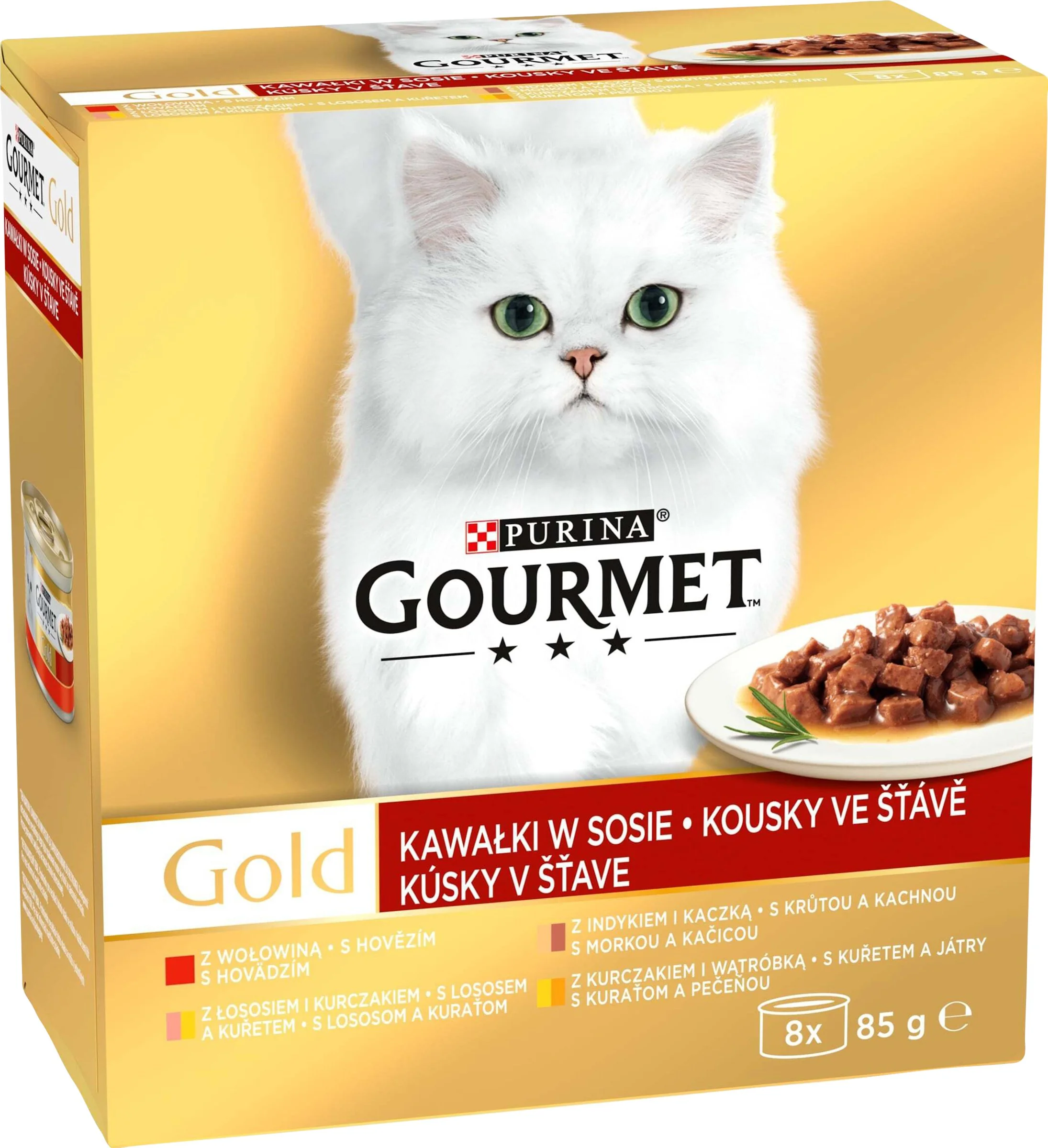Gourmet Gold konzervy pre mačky hovädzie, morka a kačica, losos a kura, kura a pečeň v šťave 8×85 g 1×1 ks