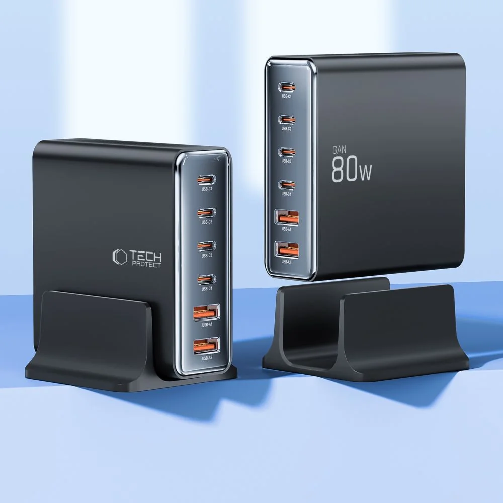 Tech-Protect DC80W 6 Port GaN nabíjačka PD 80W / QC, čierna