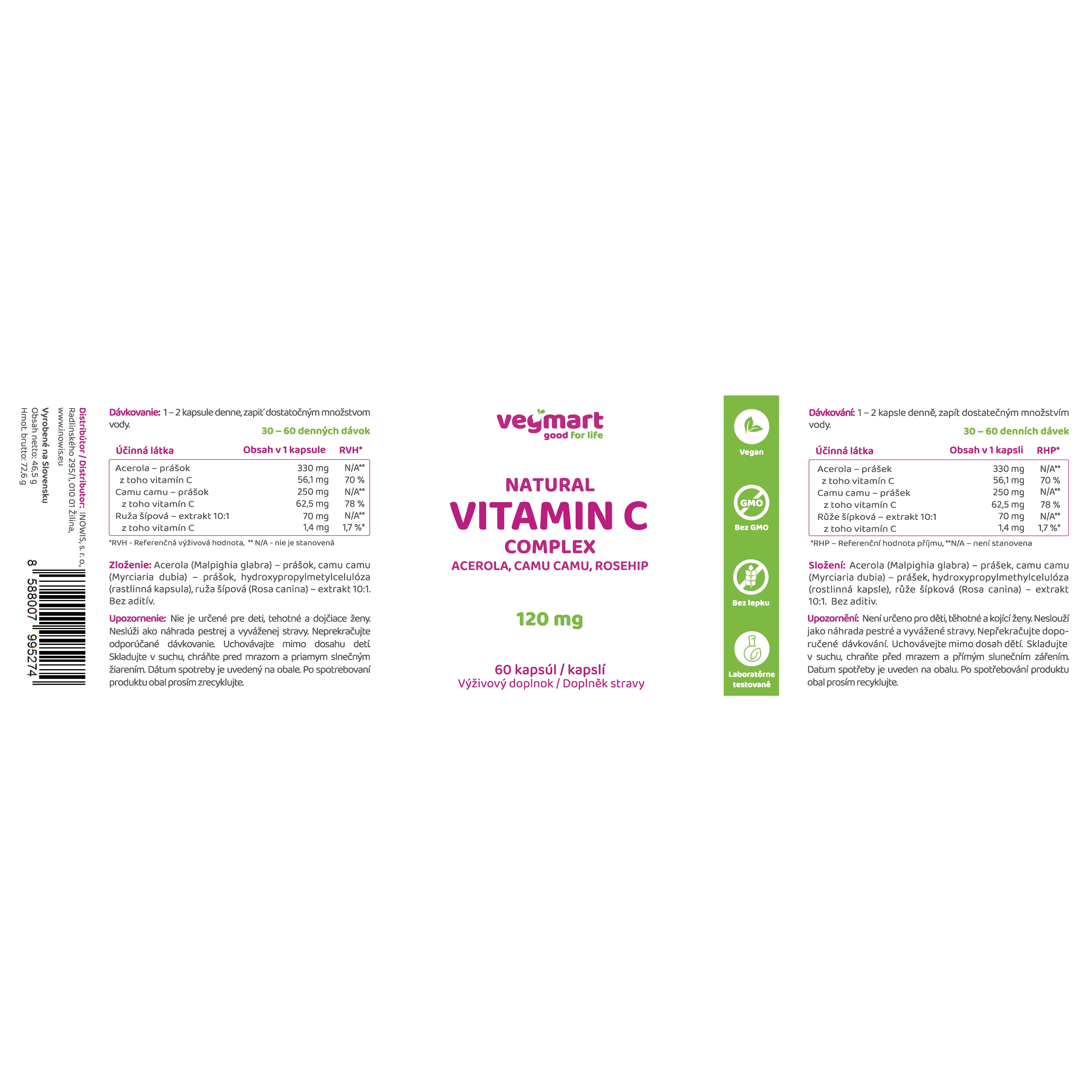 Vegmart Prírodný vitamín C 120 mg - Acerola, Camu camu, Šípky, 60 kapsúl