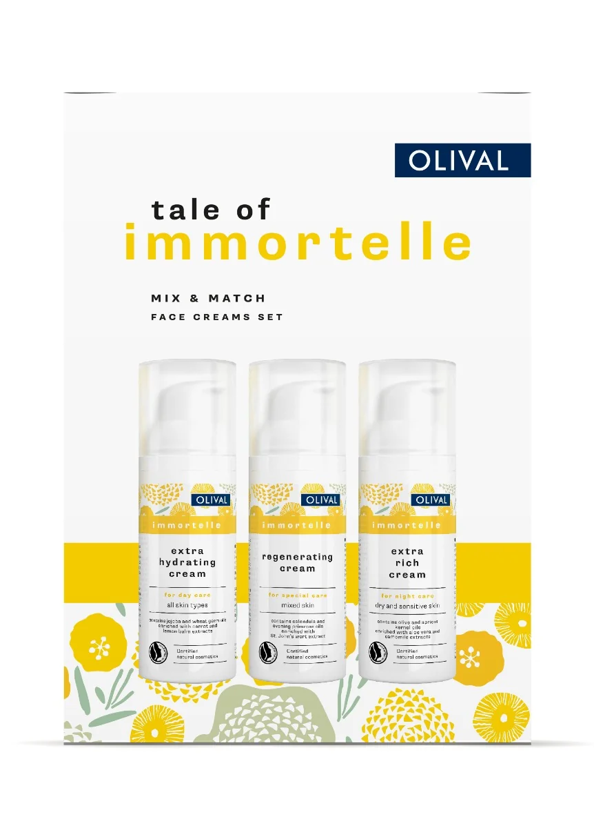 OLIVAL Slamienkový set, regeneračný krém pre špeciálnu starostlivosť 50 ml, extra bohatý nočný krém 50 ml, extra hydratačný krém 50 ml 1×1 set, kozmetická sada pleťových krémov