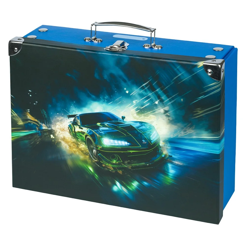 Skladací školský kufrík Pretekárske auto s kovaním modrý, 35 cm