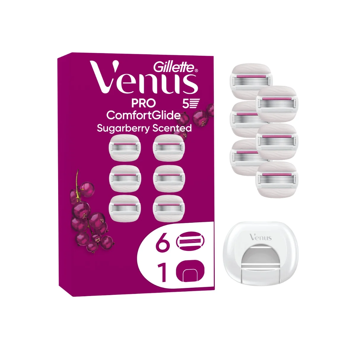 Gillette Venus Pro ComfortGlide Sugarberry náhradné holiace hlavice 6 ks + kryt na žiletku 6 ks