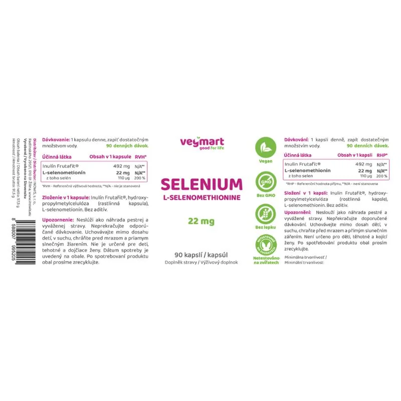 Vegmart Selén – L-Selenometionín 22 mg, 90 kapsúl