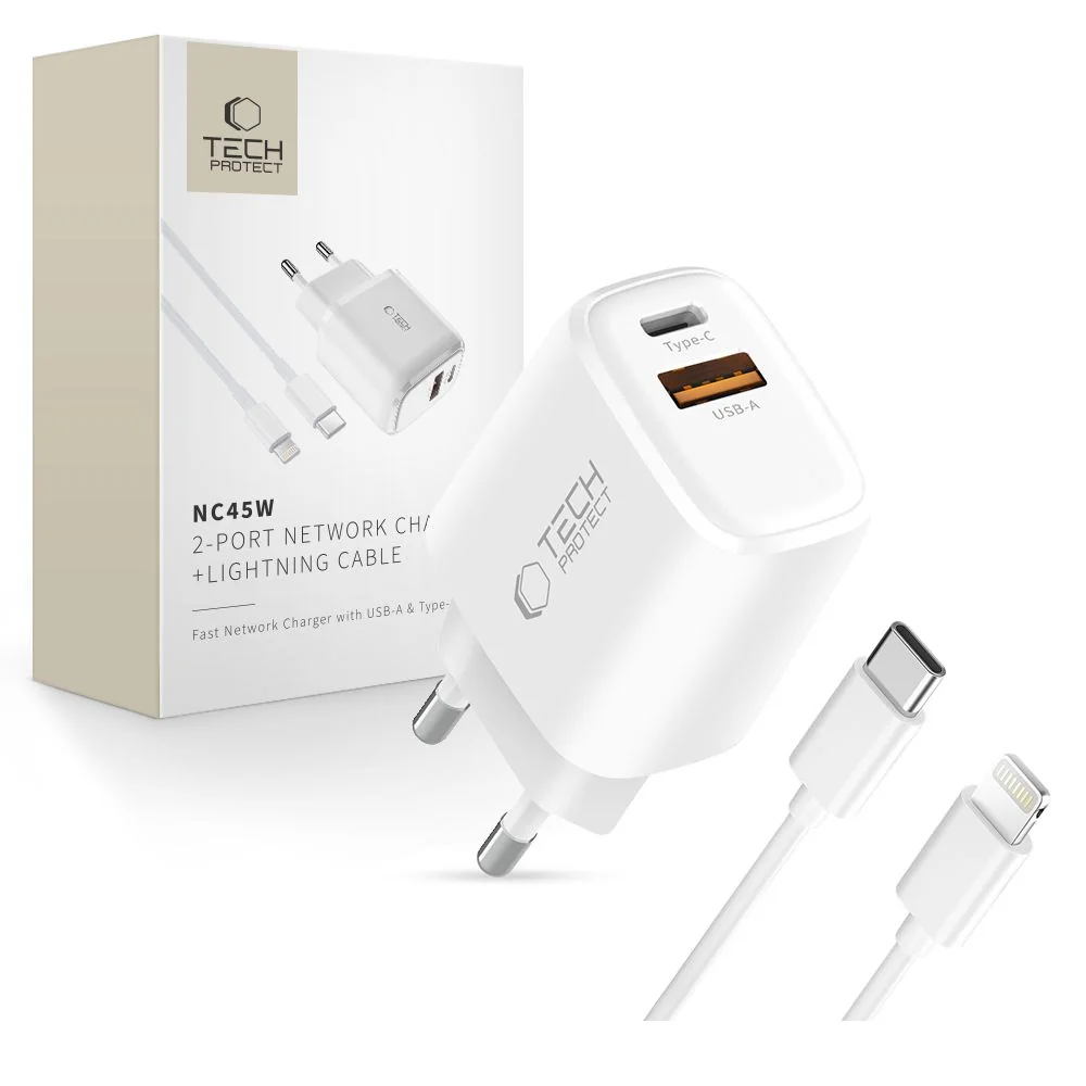 Tech-Protect NCA45W GaN sieťová nabíjačka USB / USB-C 45W PD QC + kábel Lightning, biela l Lightning, biela