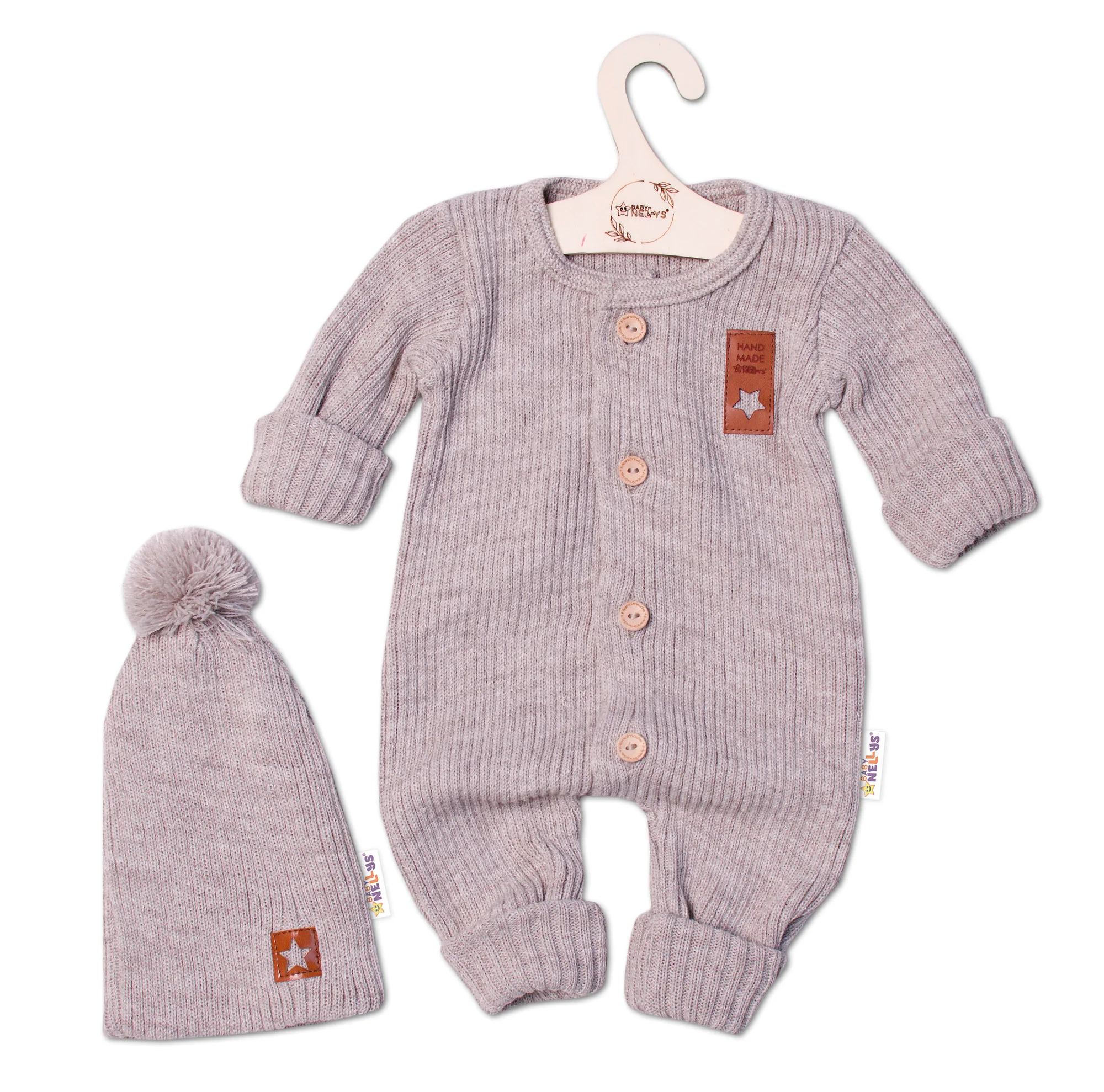 Baby Nellys 2-dielna sada Pletený overálek STAR + čiapky Hand Made, bežový, veľ. 80/86 