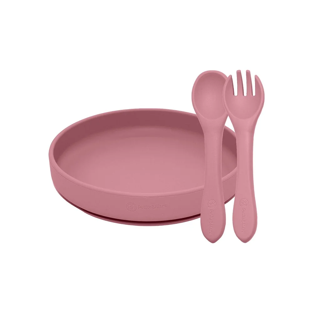 Set jedálenský silikónový TAKE&MATCH 2 ks tanier + príbor Dusty Rose 6m+