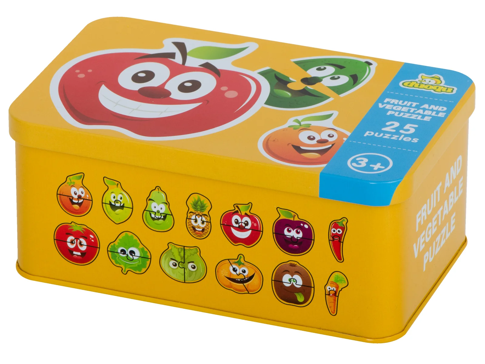 Puzzle pre deti v plechovej krabičke, 25 dielikov, ovocie a zelenina