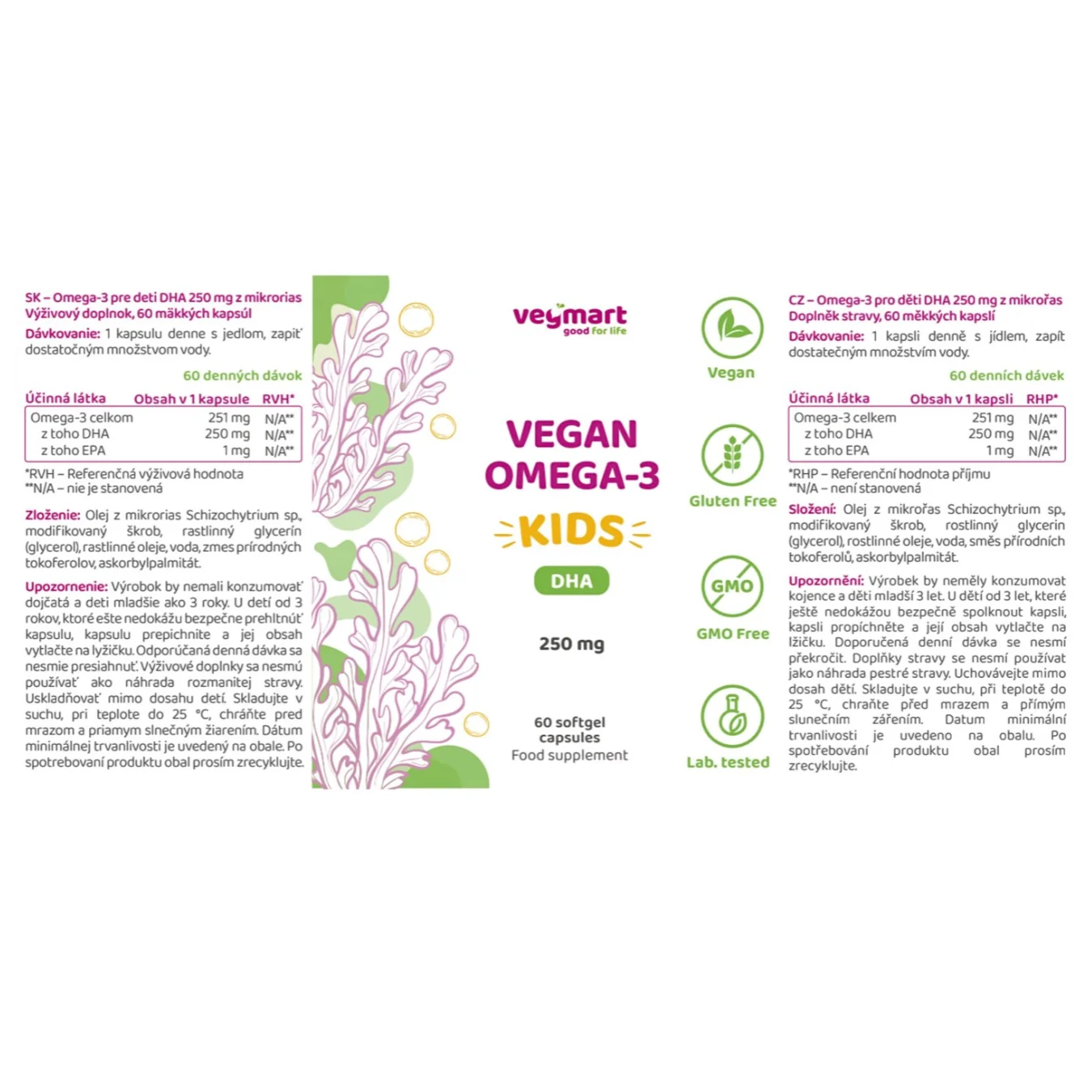 Vegmart Vegánske Omega-3 pre deti DHA 250 mg z mikrorias, 60 kapsúl