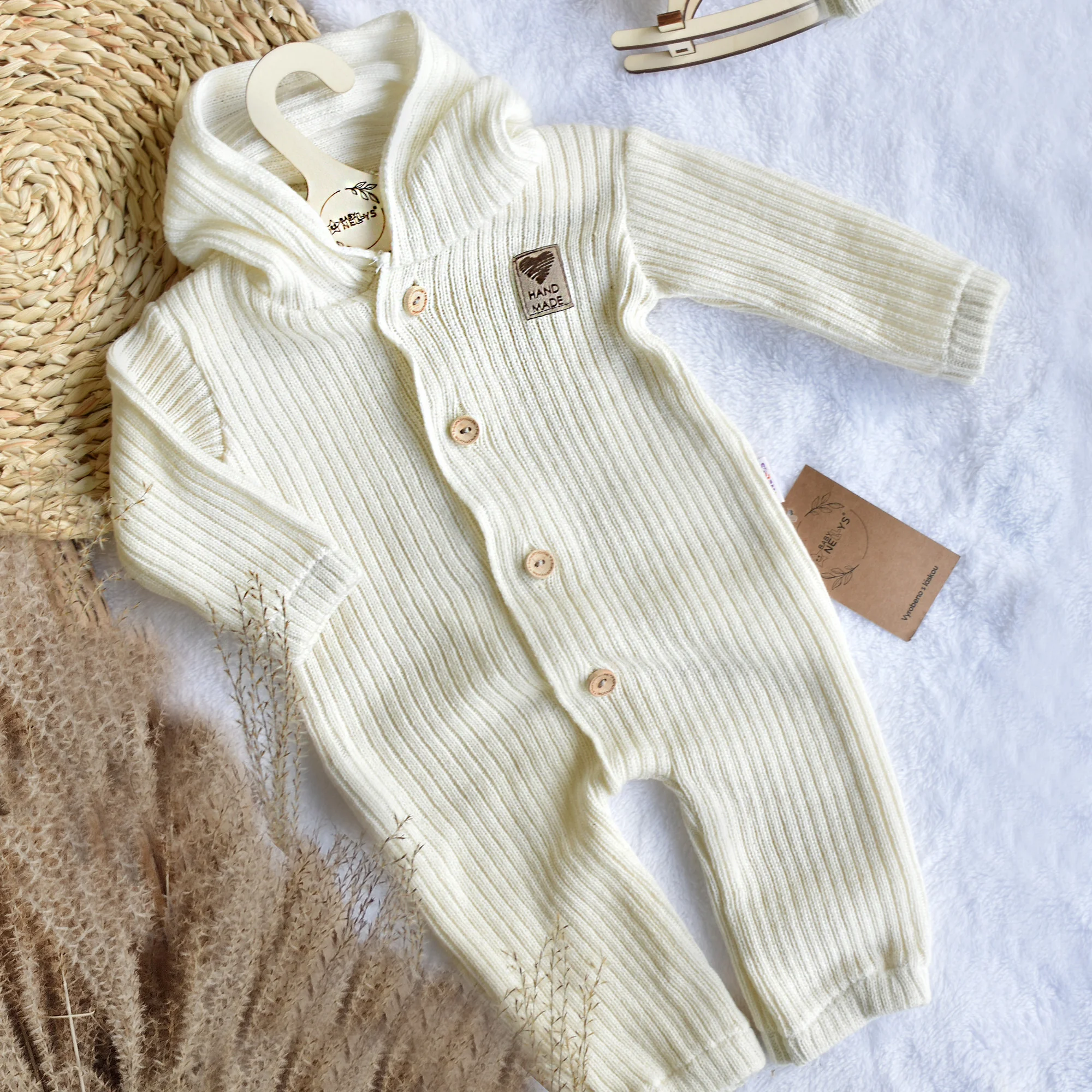 Baby Nellys Pletený overálok s kapucňou a gombíkmi Hand Made, ecru, veľ. 68/74 