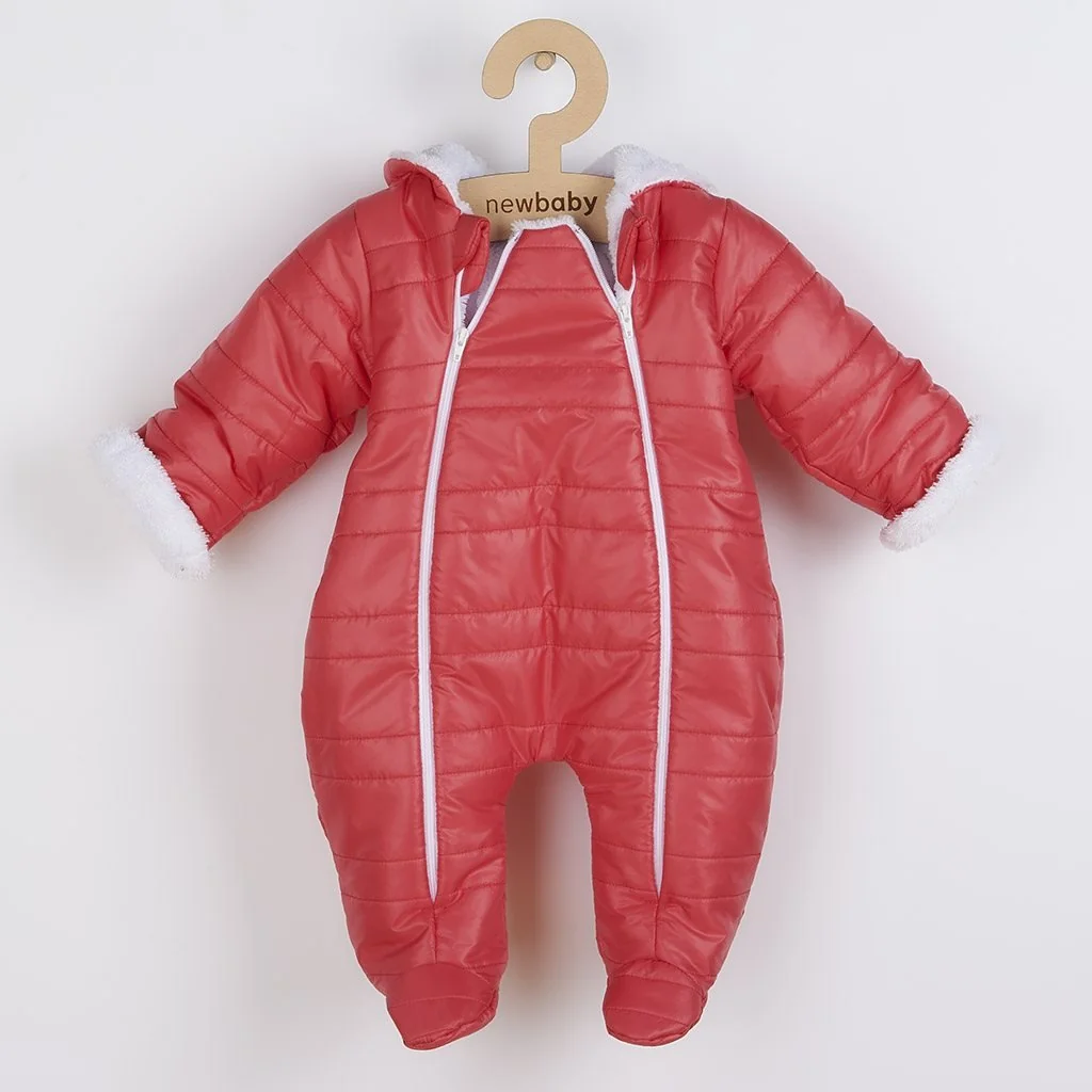 Zimná dojčenská kombinéza s kapucňou s uškami New Baby Pumi red 
