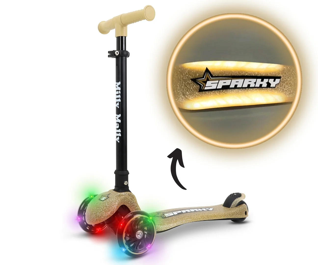 Detská kolobežka SPARKY LED trojkolová – svietiace kolieska, nastaviteľná, béžová