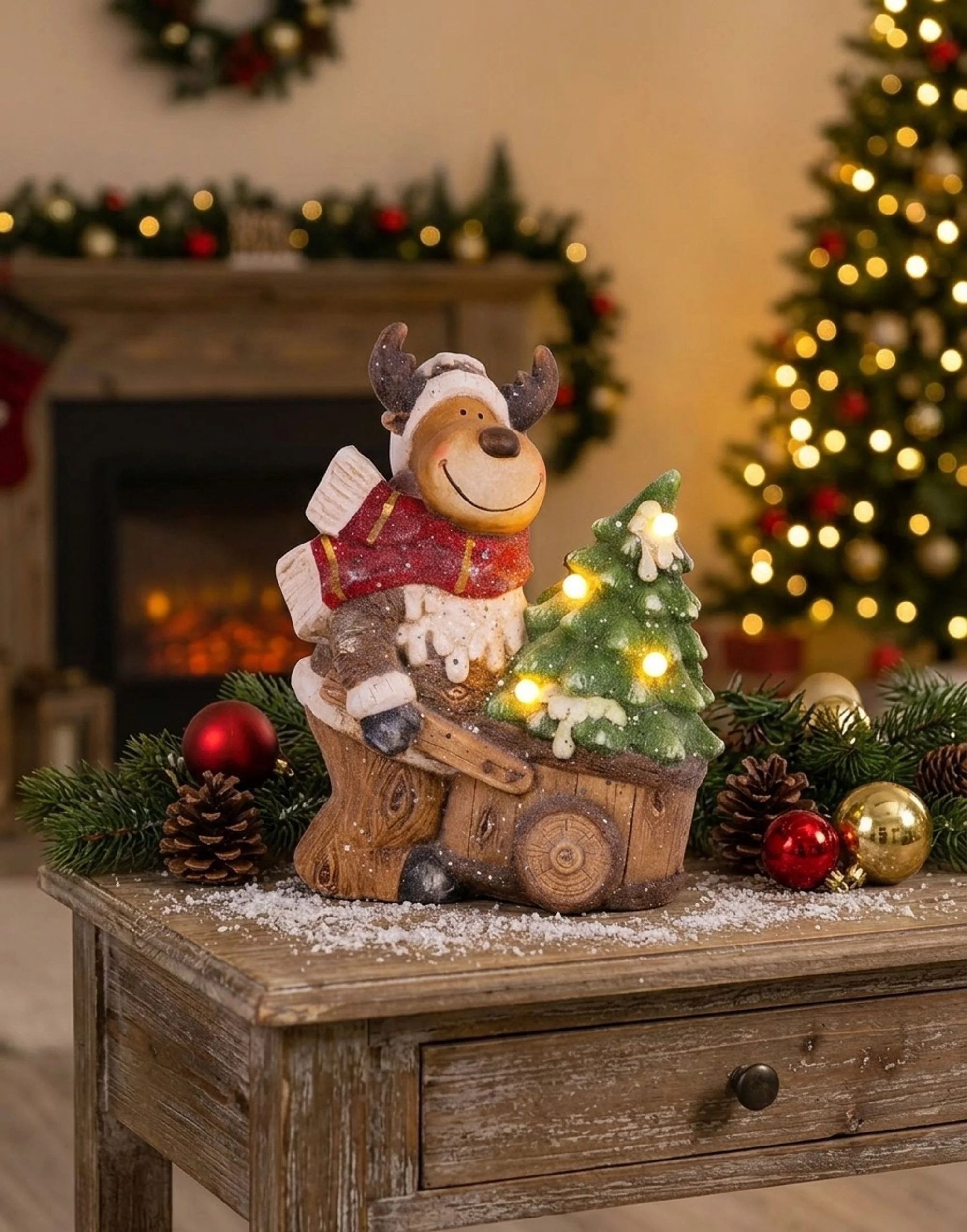 MagicHome vianočný LED sobík s vozíkom, 1 ks 4 LED, 3xAA, keramika, 33,50x24x43 cm