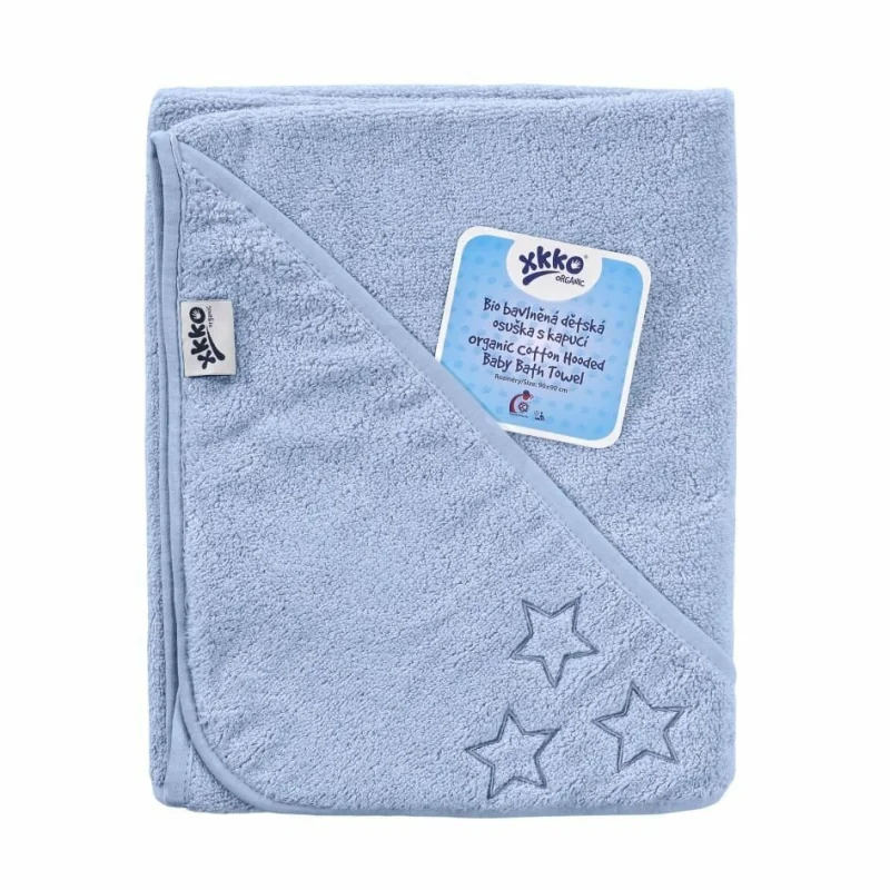 XKKO Organic BIO froté osuška s kapucňou 90x90 Baby Blue Stars