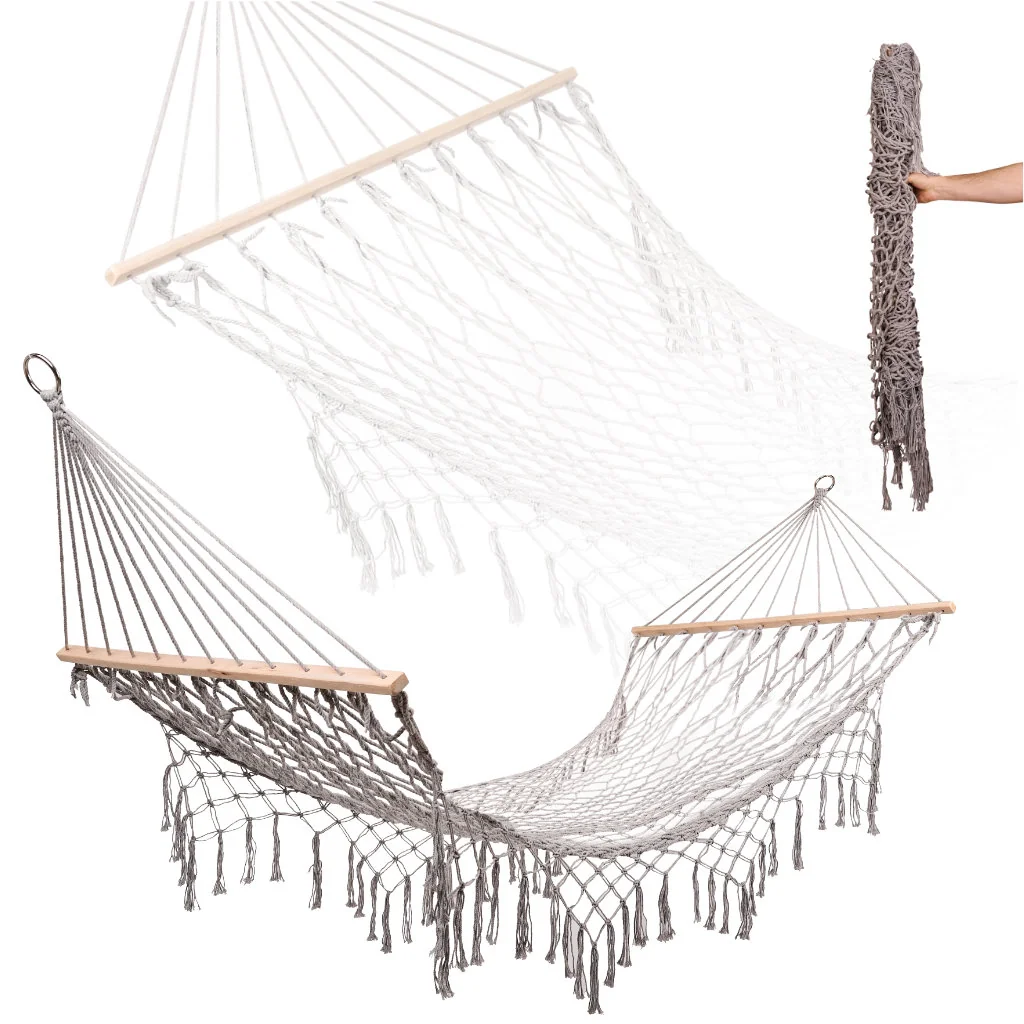 Záhradná hojdacia sieť boho mesh tassel 200 cm sivá