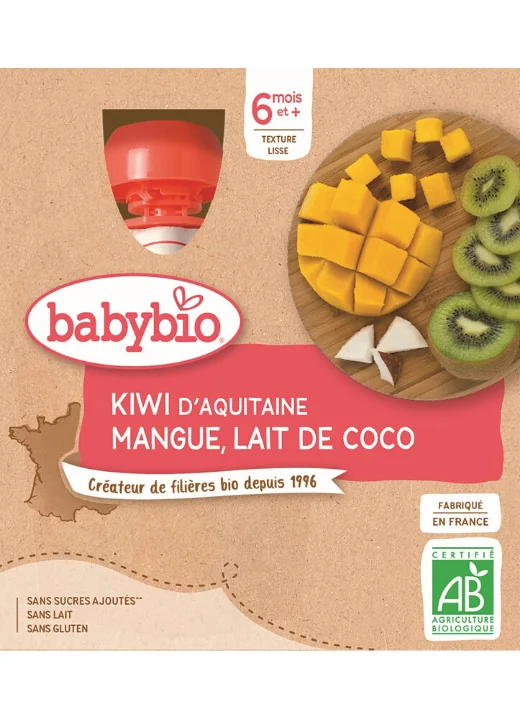 BABYBIO Pyré kiwi, mango, kokosové mlieko (4x 90 g) - ovocný príkrm 4×90 g, ovocný príkrm