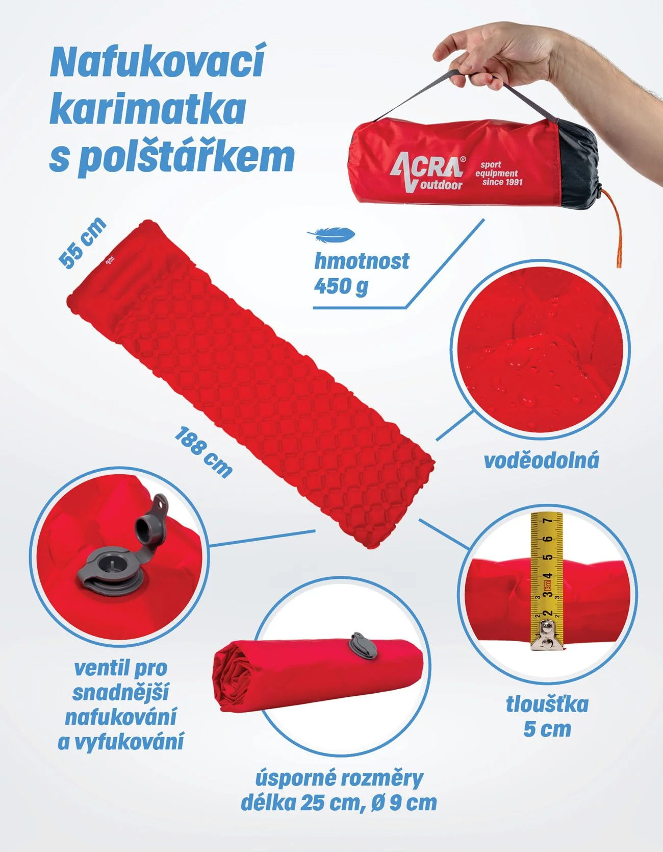 Karimatka Acra L48-CRV nafukovacia, červená 05-L48-CRV