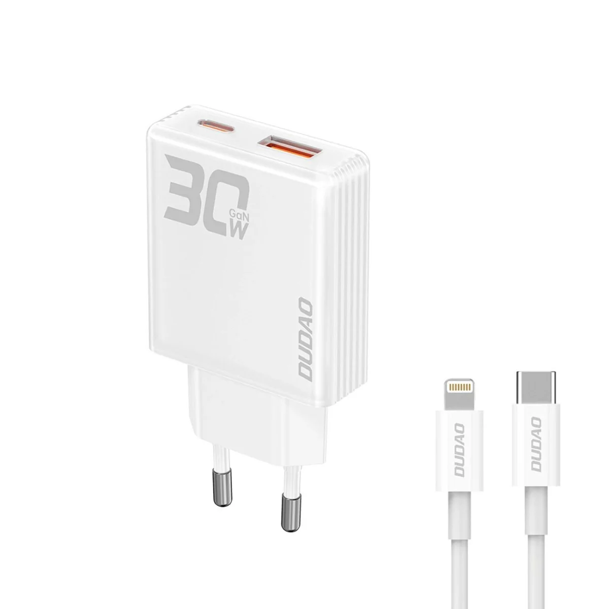 Dudao A30EUL GaN sieťová nabíjačka USB / USB-C 30W + kábel USB-C / Lightning, biela htning, biela