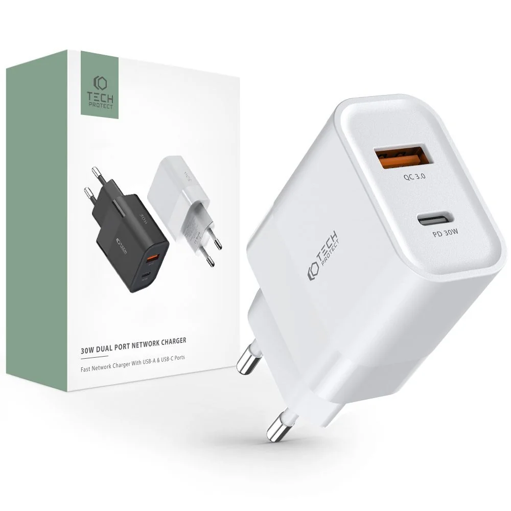 Tech-Protect C30W sieťová nabíjačka USB / USB-C 30W PD QC, biela 