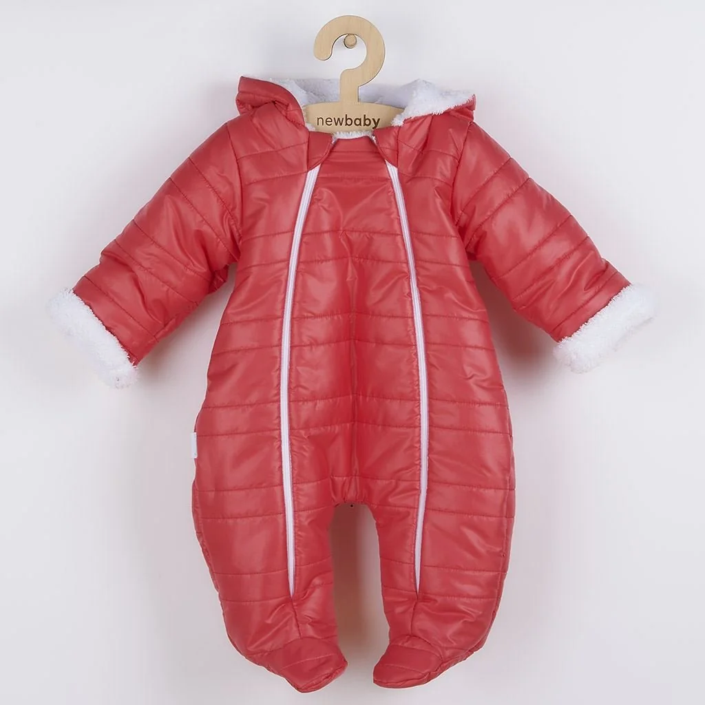 Zimná dojčenská kombinéza s kapucňou s uškami New Baby Pumi red 