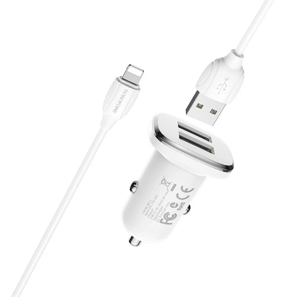 Autonabíjačka s káblom - 2x USB - Biela
