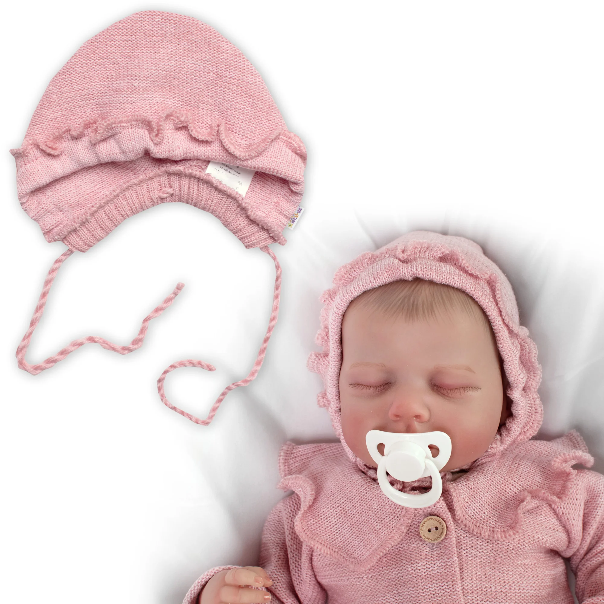 Pletená čiapočka na zaväzovanie bonetka Girl, Hand Made Baby Nellys, púdrová, veľ. 68/74