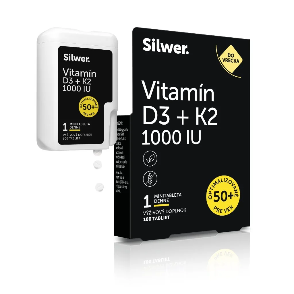 Silwer Vitamín D3+K2 1000 IU, minitablety v dvojbalení 100 + 100 minitabliet. Kosti, zuby, imunita, vstrebávanie vápnika.