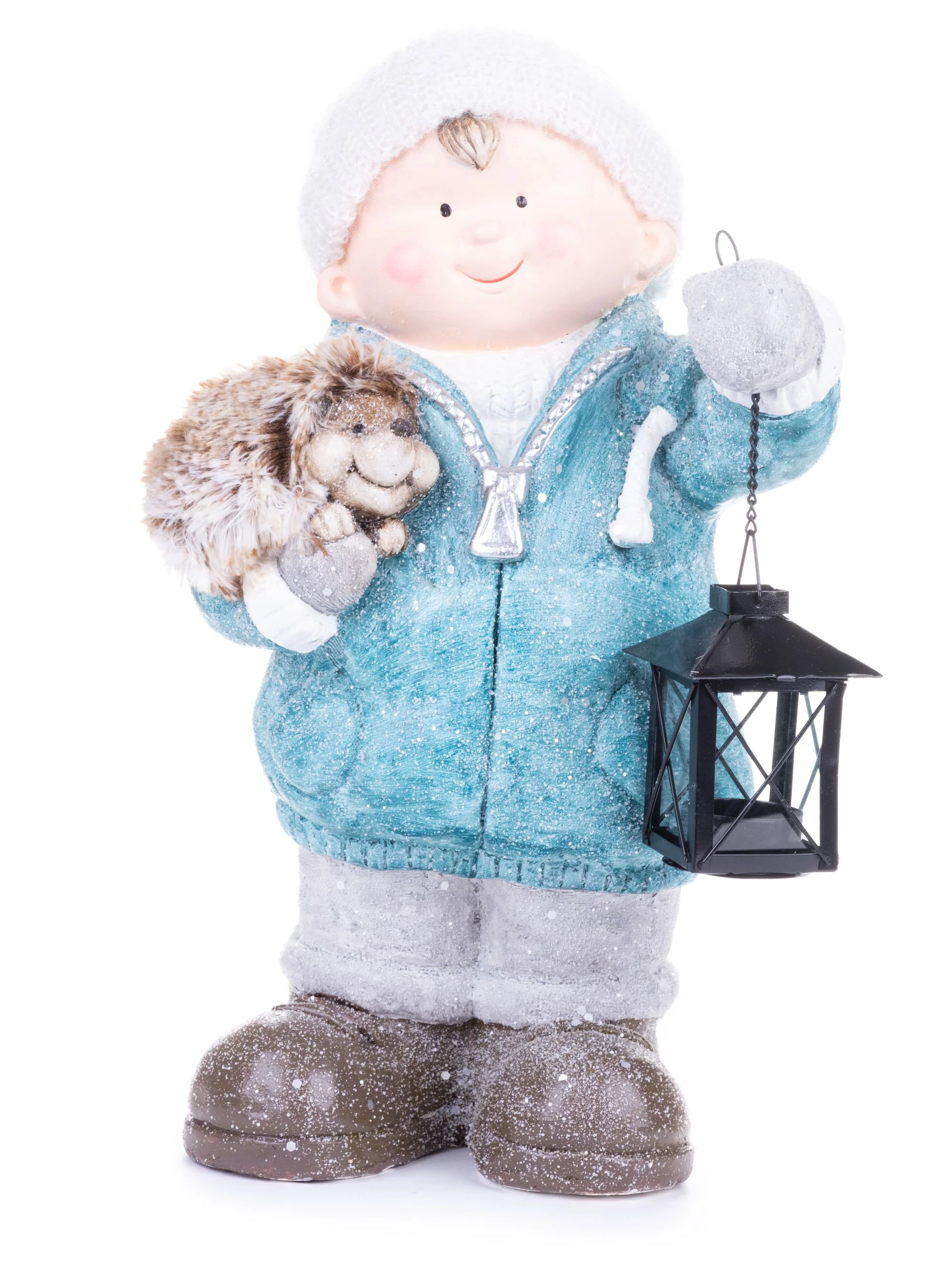MagicHome vianočná postavička chlapček s lampášom a ježkom, 1 ks Keramika, 23x20x39,5 cm