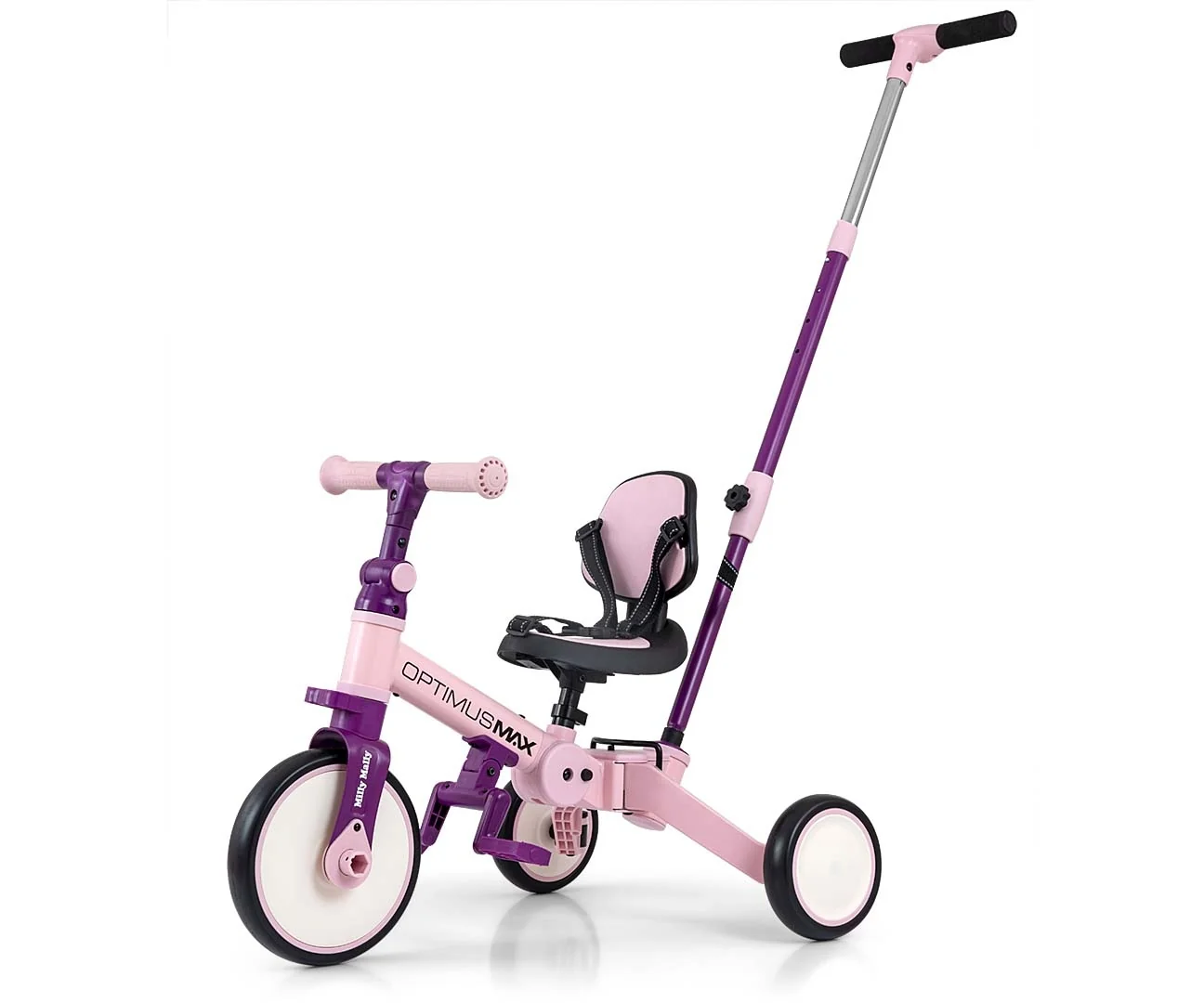 Detská trojkolka 5v1 Milly Mally Optimus Max s vodiacou tyčou pink ,