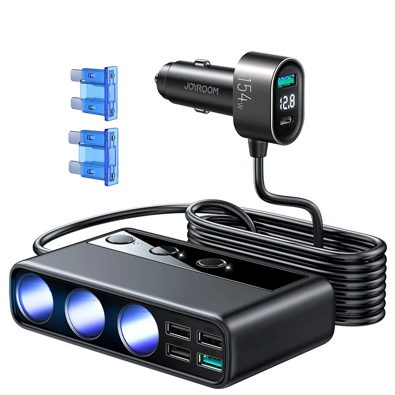 Joyroom Laptop autonabíjačka 154W - 5x USB / 1x USB-C / 3x Splitter, čierna ierna