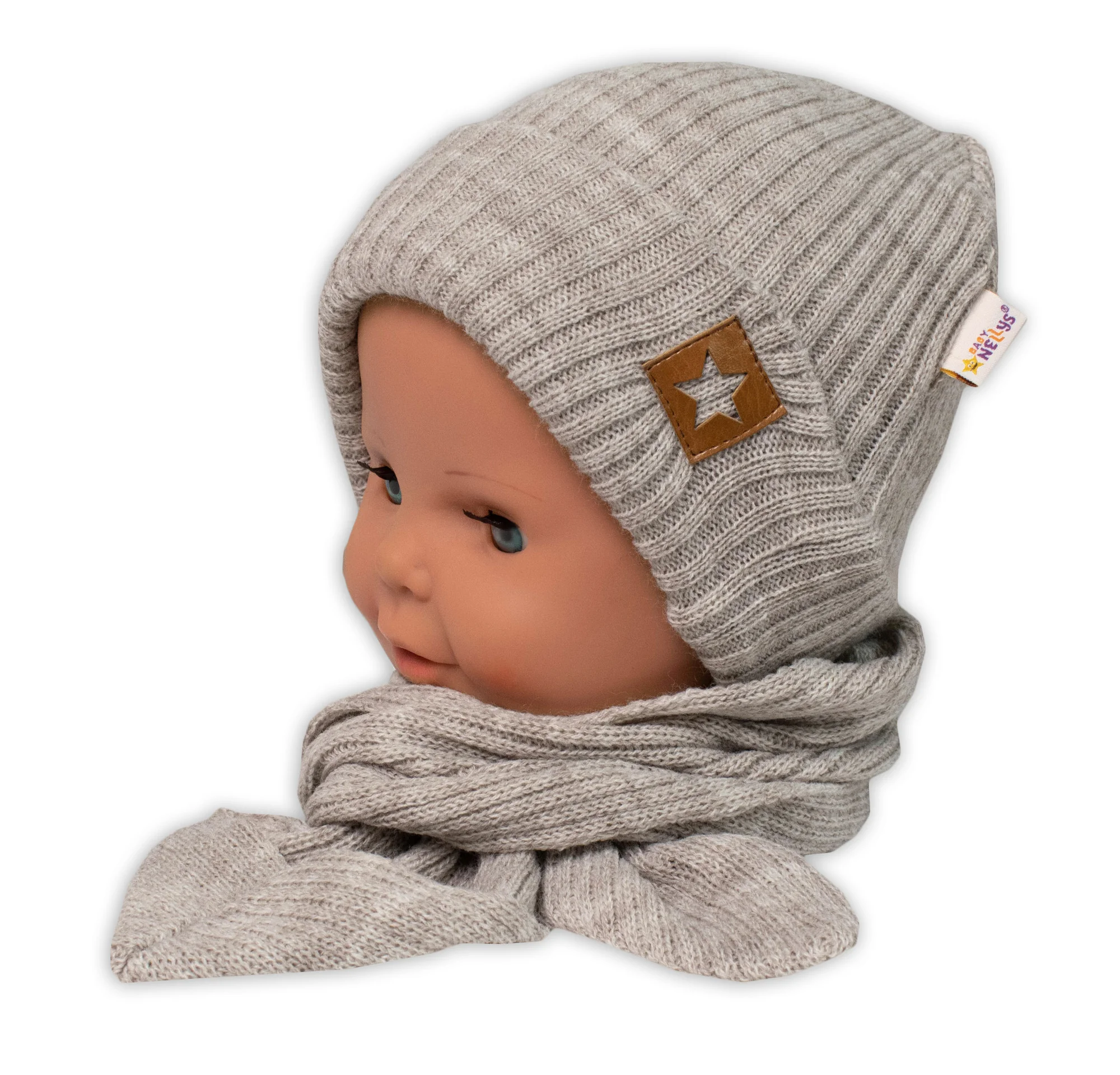 Baby Nellys Pletená čiapka so šálom a rukavičky 3v1, STAR - béžová, veľ. 56/62