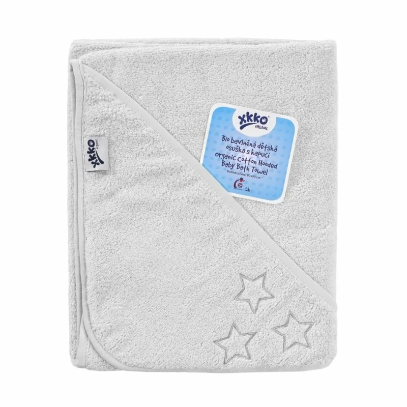XKKO Organic BIO detská froté osuška s kapucňou 90x90 White Stars