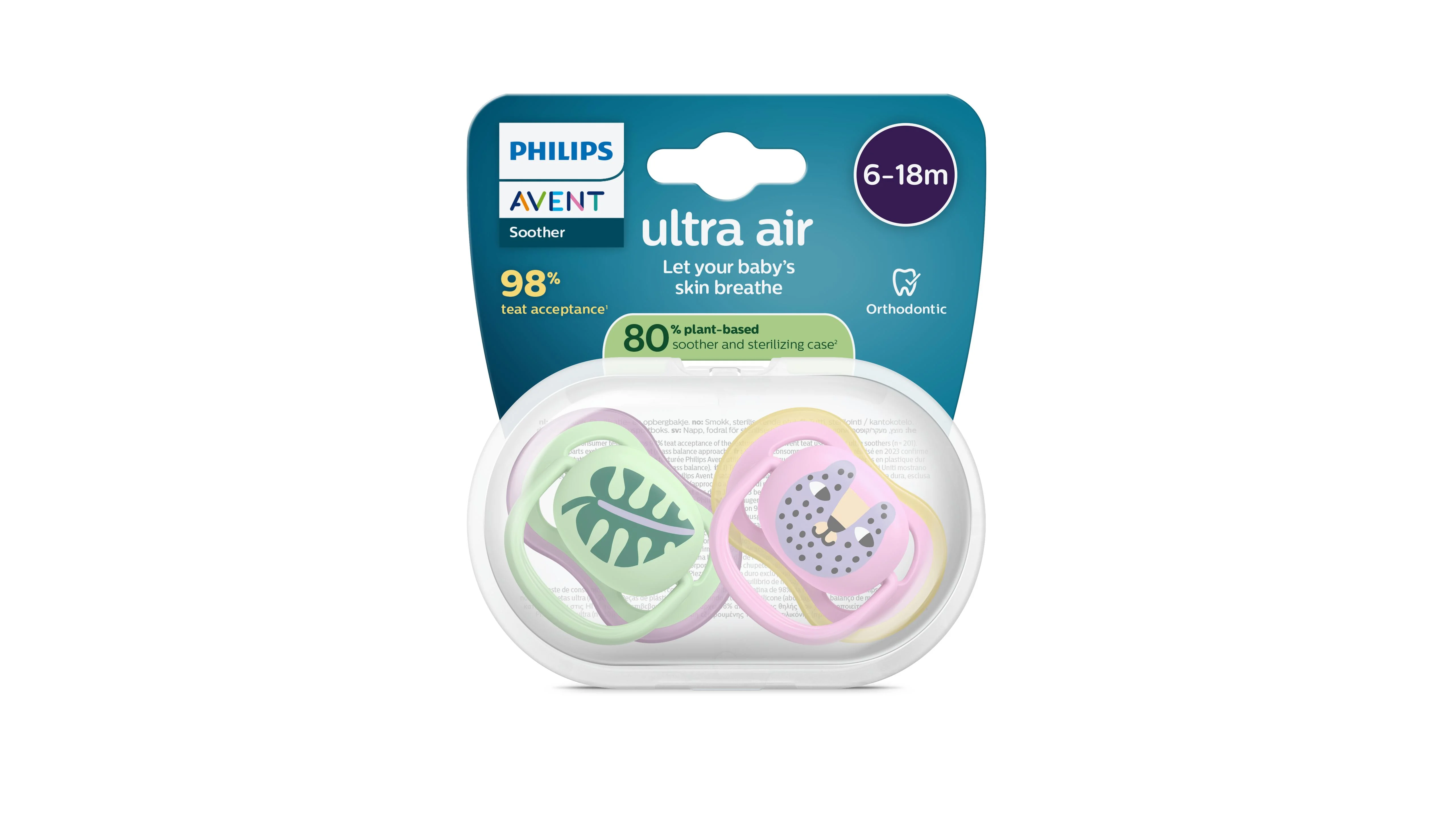 Philips AVENT - Cumlík Ultra air s obrázkom SCF087/13, 6-18 m, dievča, ružová/zelená 2 ks