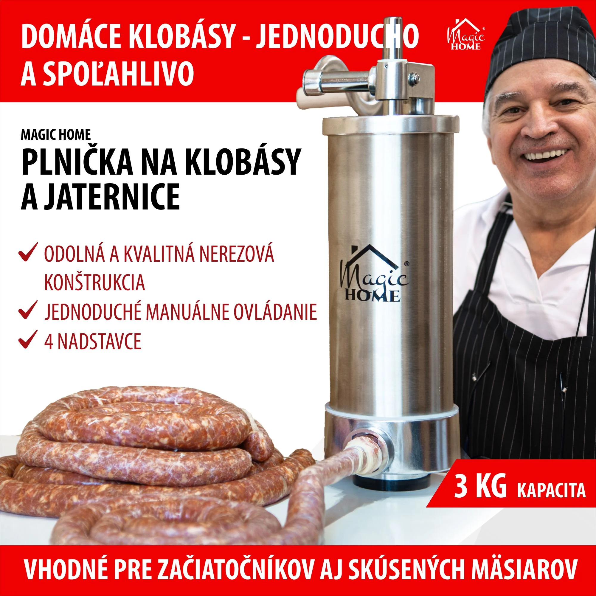 MagicHome ručná plnička SM206, 1 ks Na klobásy a jaternice, vertikálna, 3 kg
