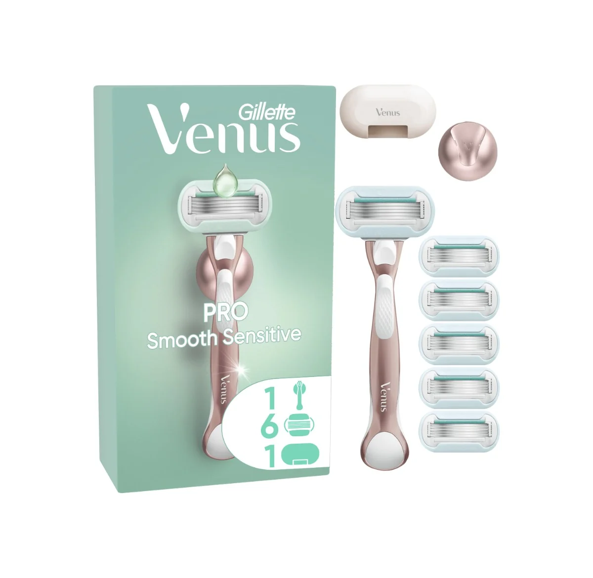 Gillette Venus Pro Smooth Sensitive holiaci strojček + 6 holiacich hlavíc, kryt na žiletku a držiak 6 ks