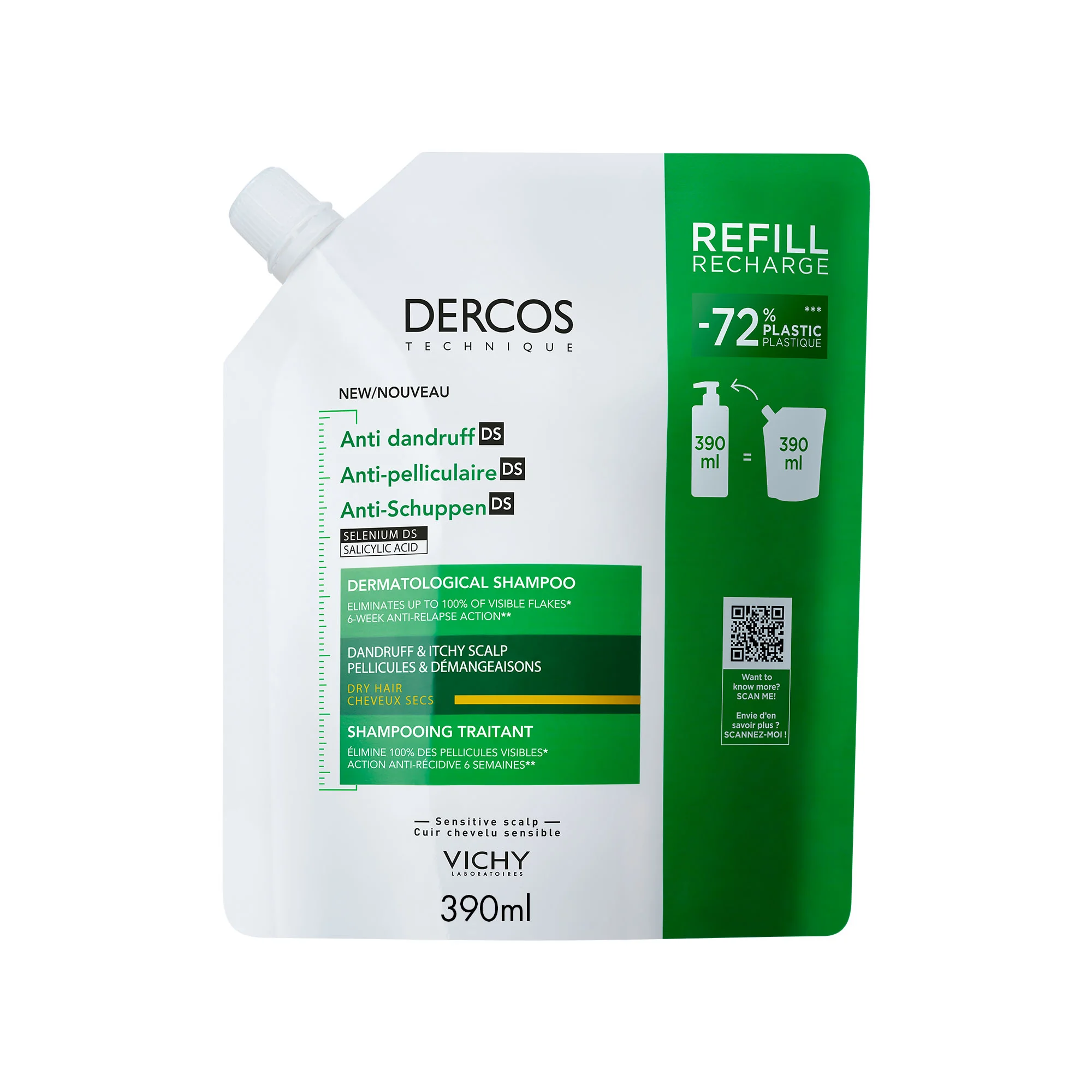 VICHY DERCOS Šampón proti lupinám suché vlasy - náhradná náplň 390 ml