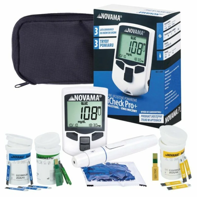 NOVAMA MultiCheck Pro+ glukomer glukóza cholesterol kyselina močová + Merací prístroj + prúžky (glukóza, cholesterol, kyselina močová)