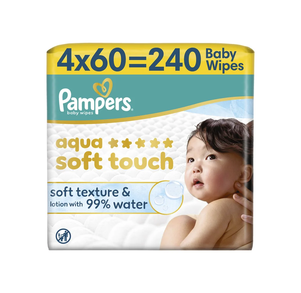 Pampers Aqua Soft Touch Baby detské čistiace obrúsky 4 x 60 ks