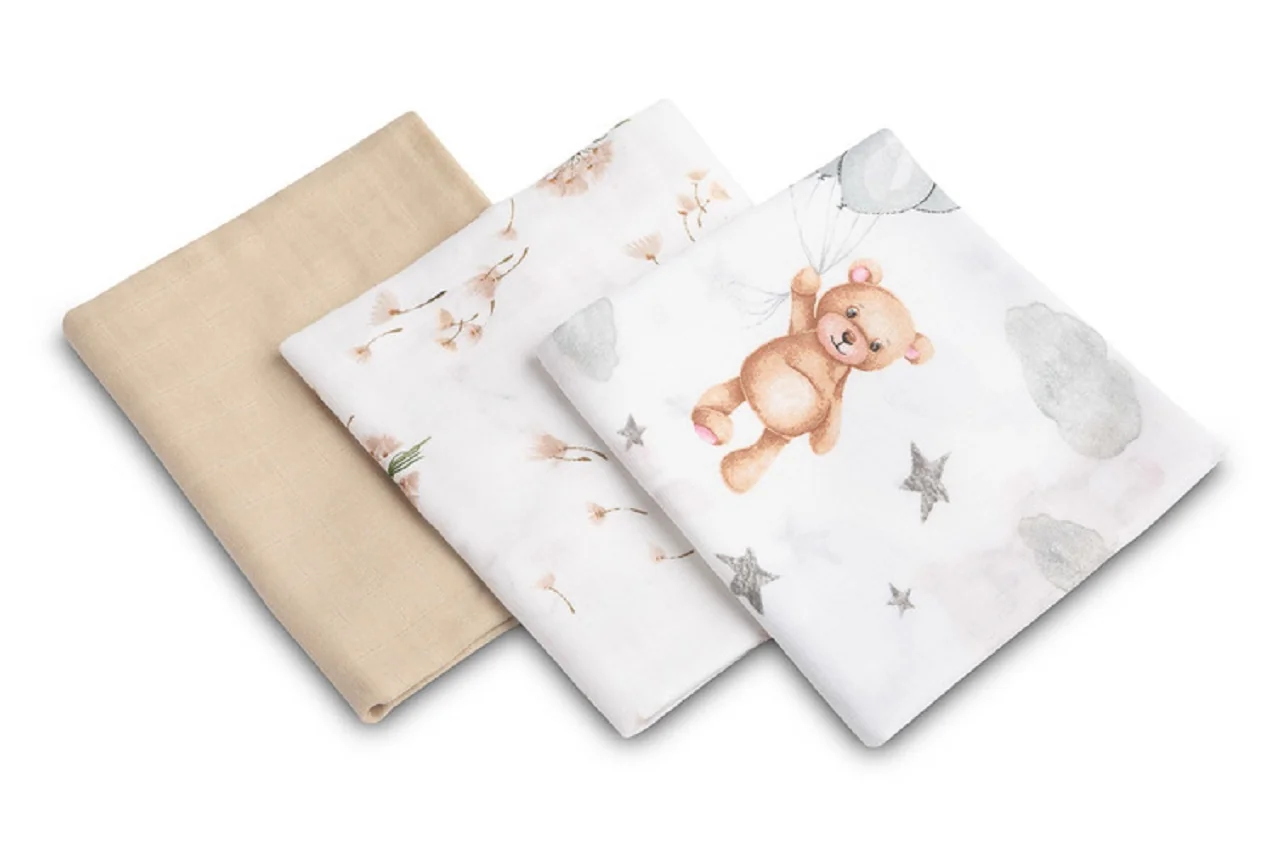 Mušelínové mäkké plienky LUX, 3ks, Bear, biela/béžová