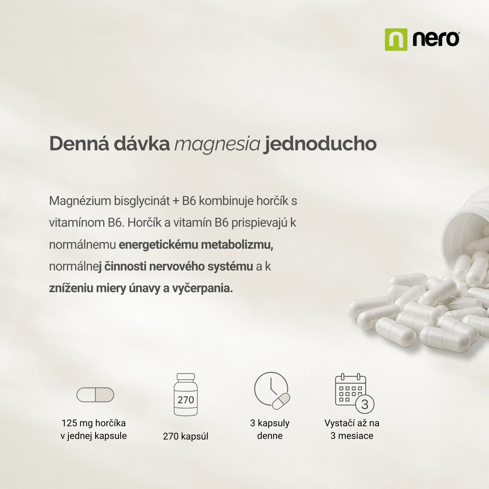 NERO Magnesium Bisglycinate + B6 270 kapsúl
