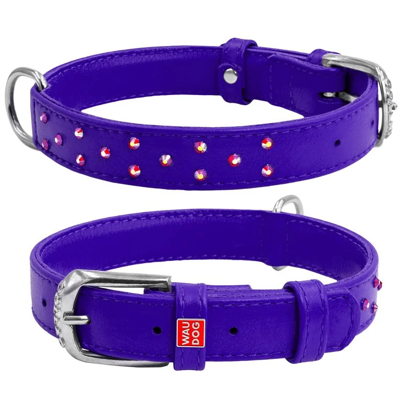 Plochý kožený obojok fialovej farby s kryštálmi, Obvod krku: 30-39 cm, širka: 20 mm