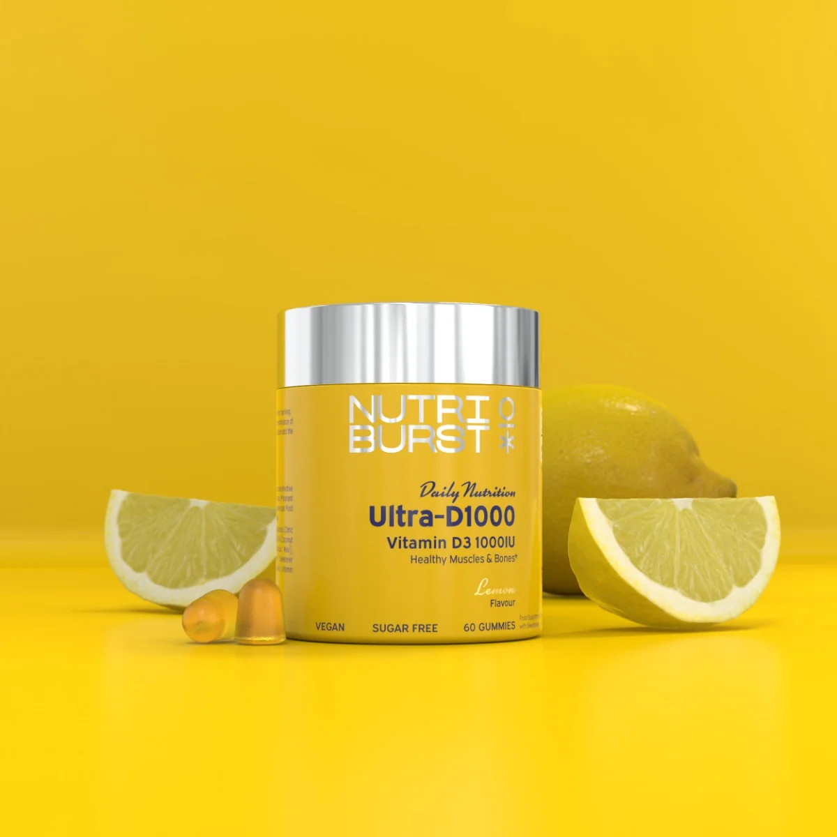 Nutriburst Ultra‑D1000 gummies s vitamínom D3 + K2 (MK‑7), vegánske, bez pridaného cukru, príchuť citrón 60 ks