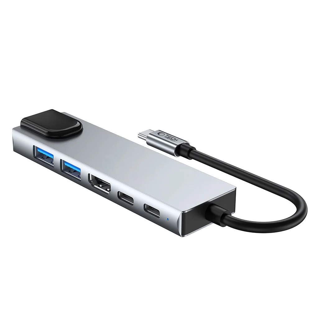 Tech-Protect HB02 HUB adaptér USB-C - 2x USB / HDMI 4K / RJ45 / USB-C 100W, šedý 100W, šedý