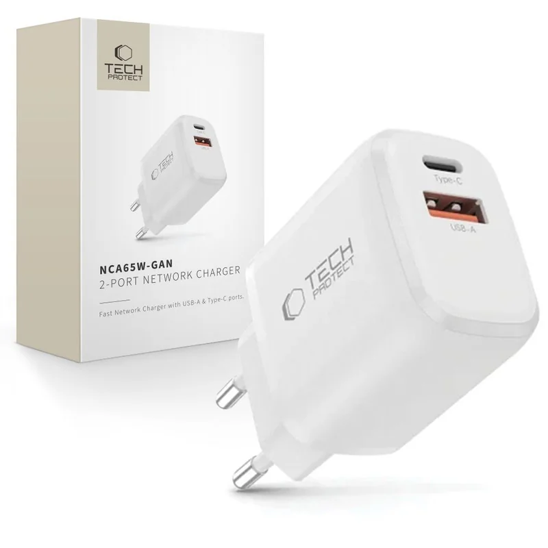 Tech-Protect NCA65W GaN sieťová nabíjačka USB / USB-C QC PD 65W, biela