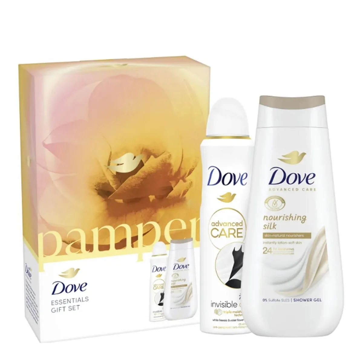 DOVE darčeková kazeta Nourish (Dove sprchový gél Advanced Care Nourishing silk 250ml + Dove deodorant v spreji Invisible dry 150ml)