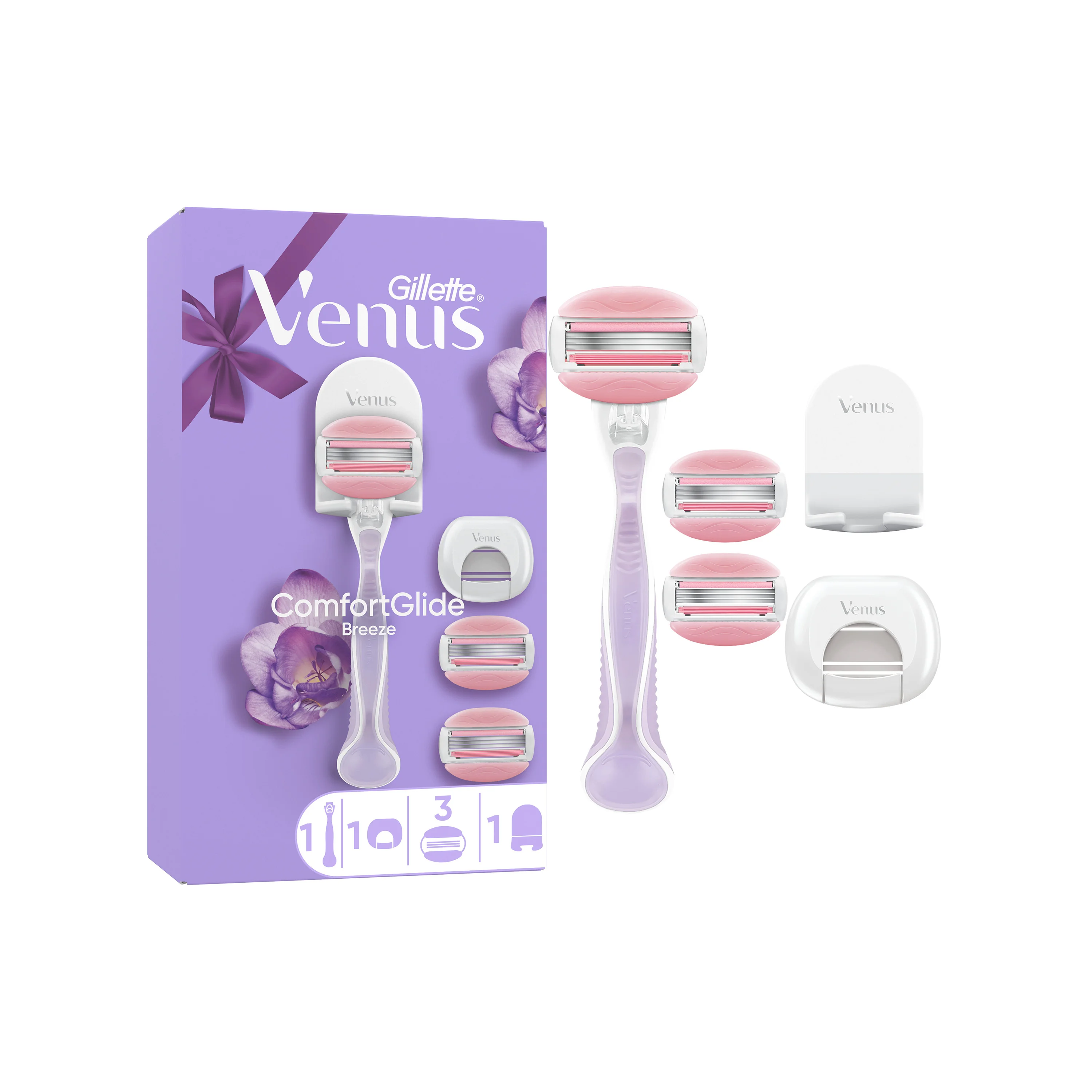 Gillette Venus ComfortGlide Breeze: dámsky holiaci strojček, držiak, 3 hlavice 1 set