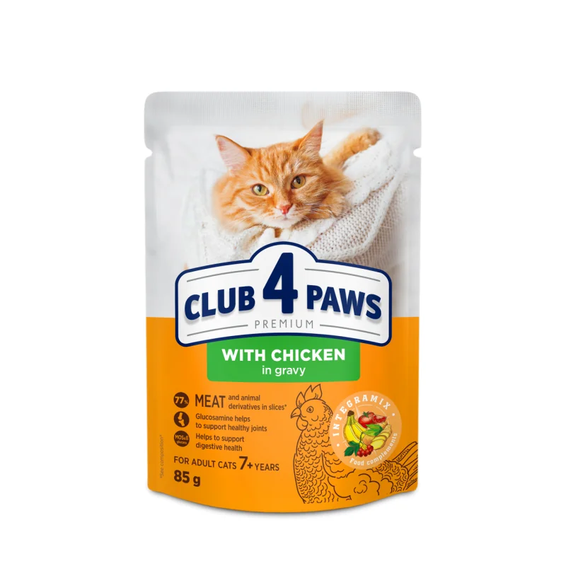 CLUB 4 PAWS Premium s kuracím mäsom v omáčke pre mačky od 7 rokov 85 g (4972)