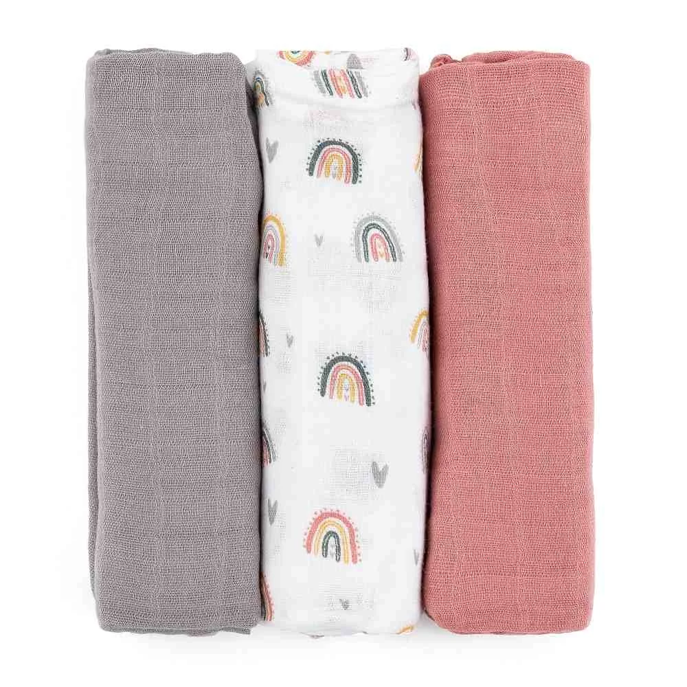 PETITE&MARS Sada plienok bambusová mušelínová 3ks Moussy Rose Rainbows, 68 x 68 cm 1×3 ks, sada plienok