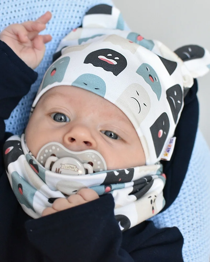 Baby Nellys Dvojvrstvová čiapka s uškami + komínček Príšerky, biela/mátová, veľ. 80/92
